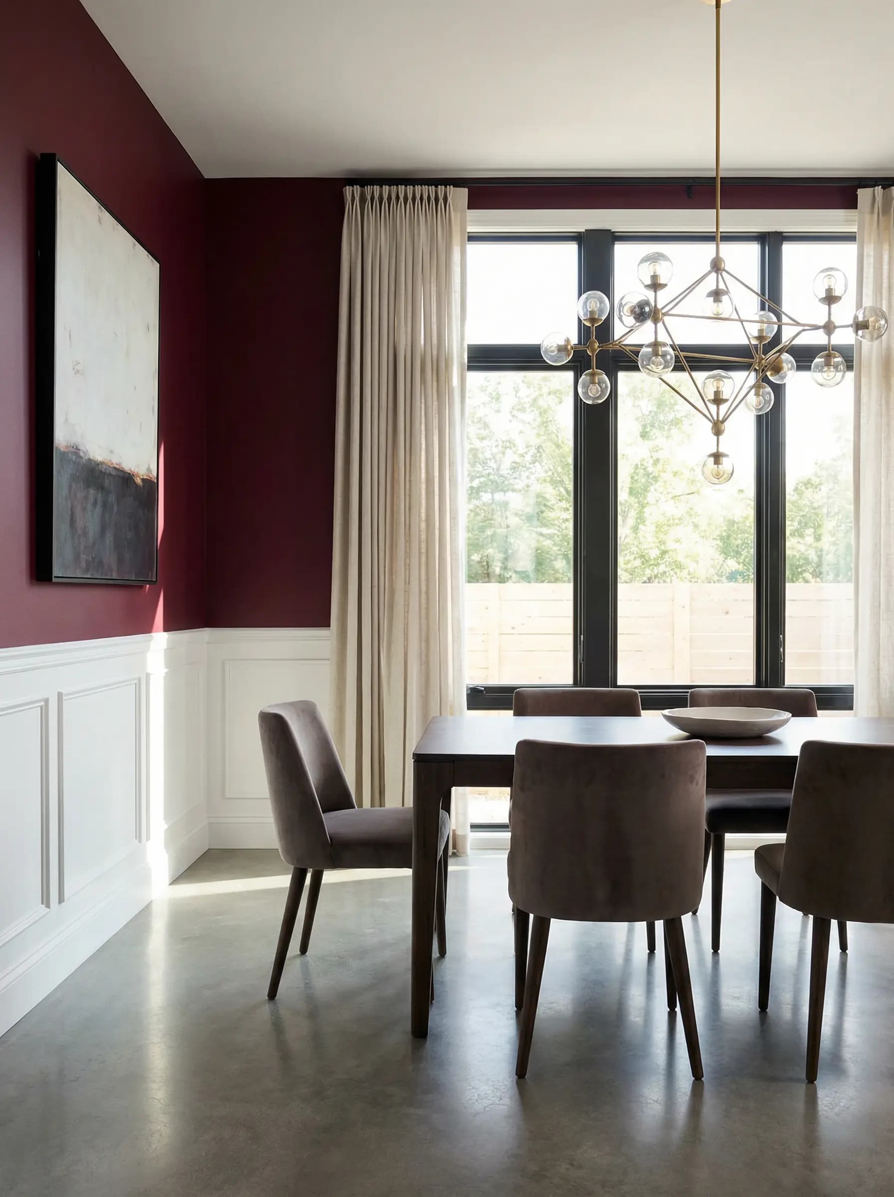 Elegant dining room painted in rich burgundy tones with warm ambient lighting