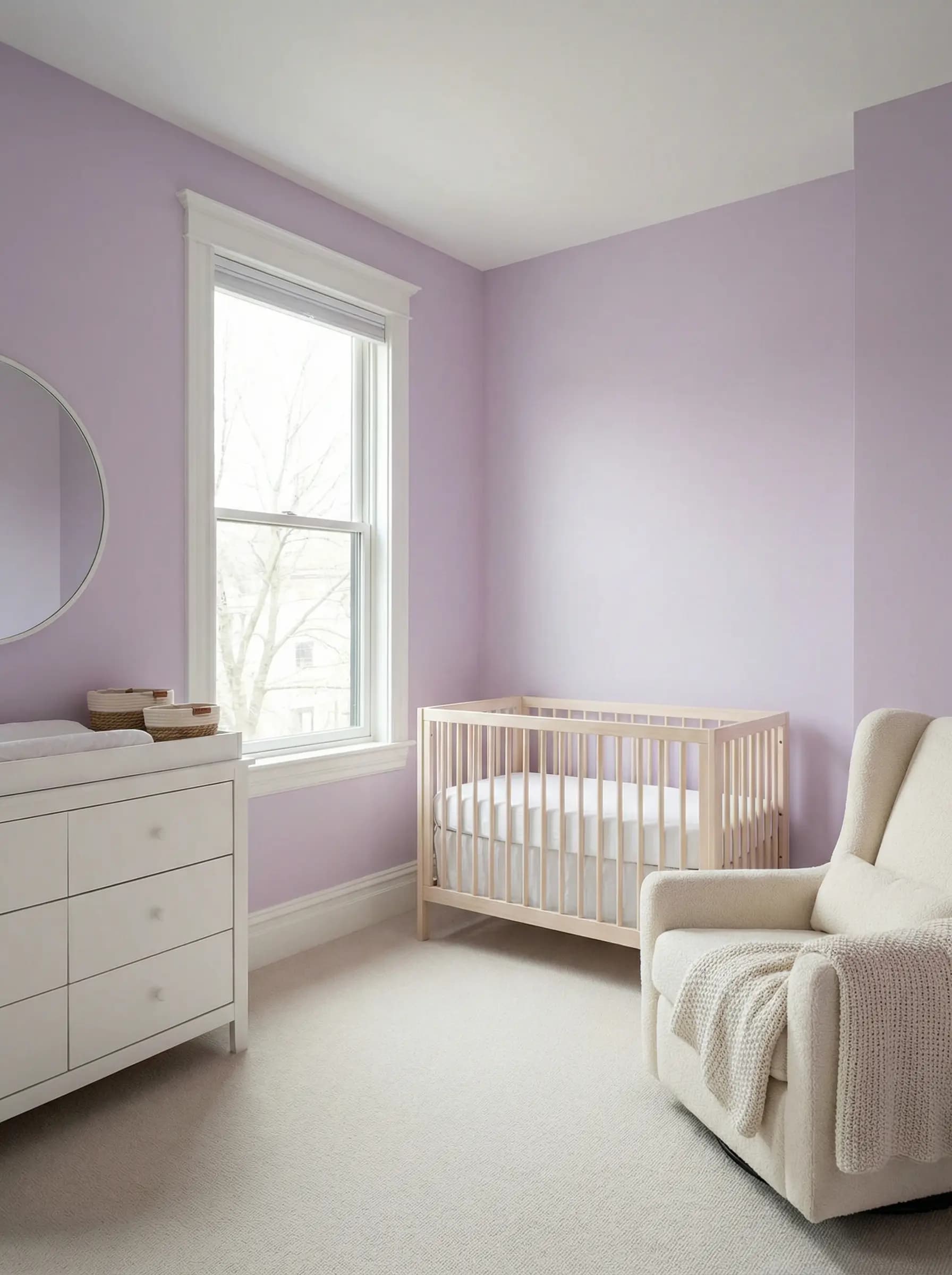 Charming nursery painted in a gentle lilac with whimsical details