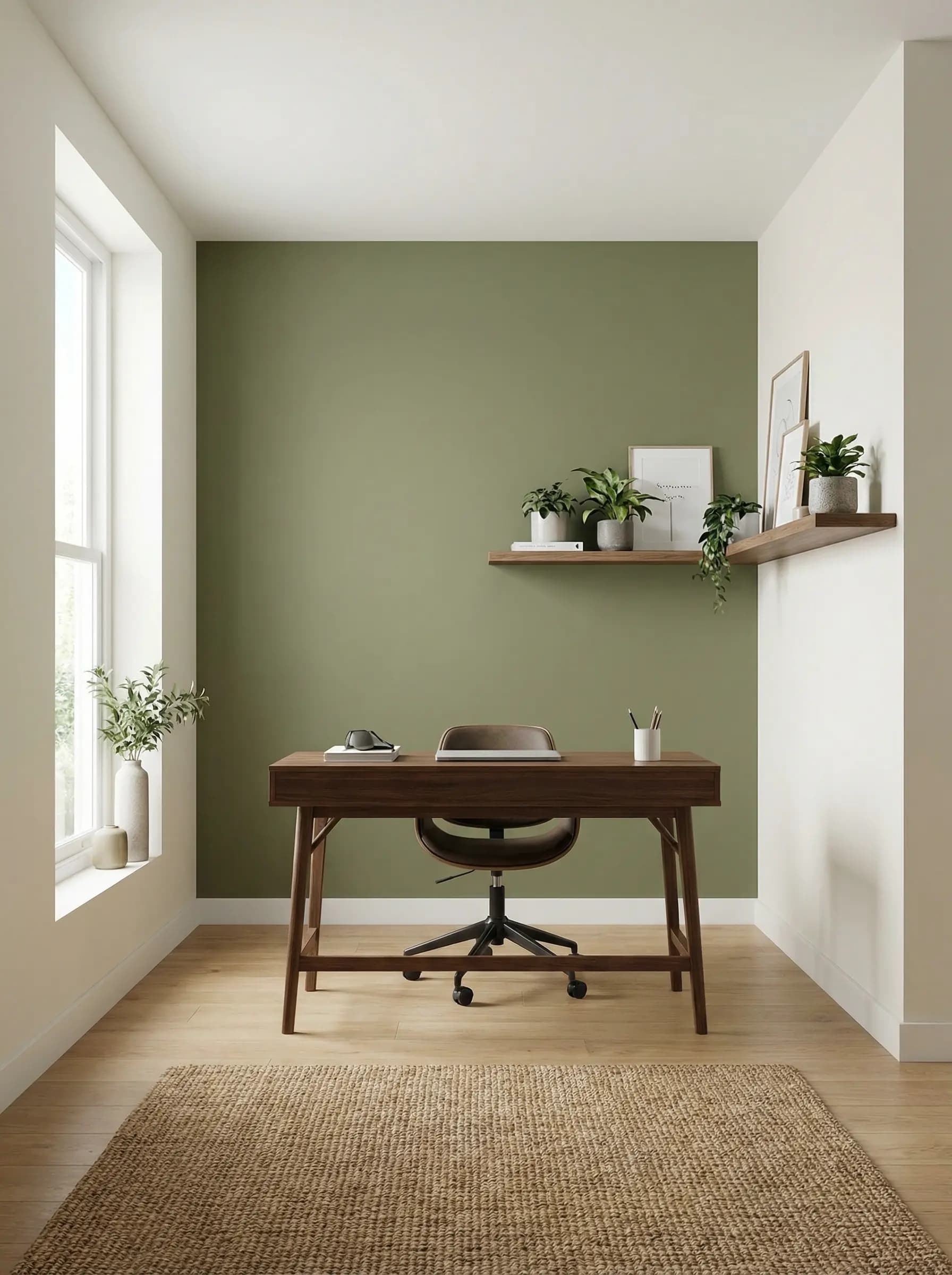 Earthy home office finished in a calming olive green with natural wood desk