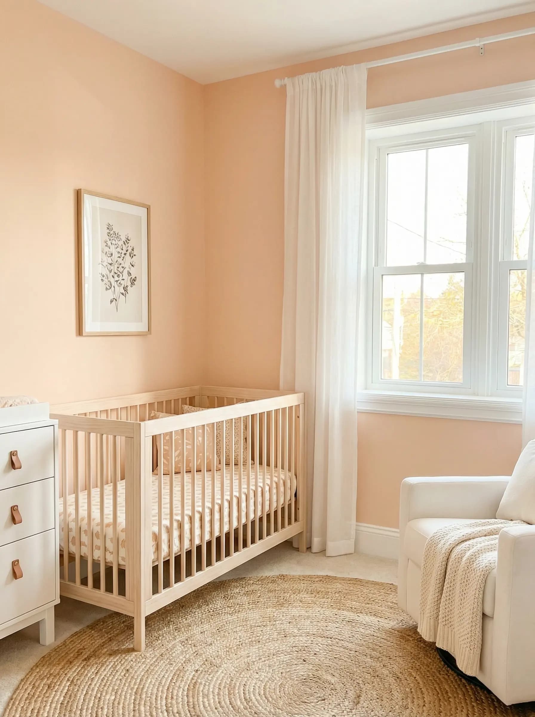 Warm and inviting nursery painted in a sweet peach tone with soft furnishings