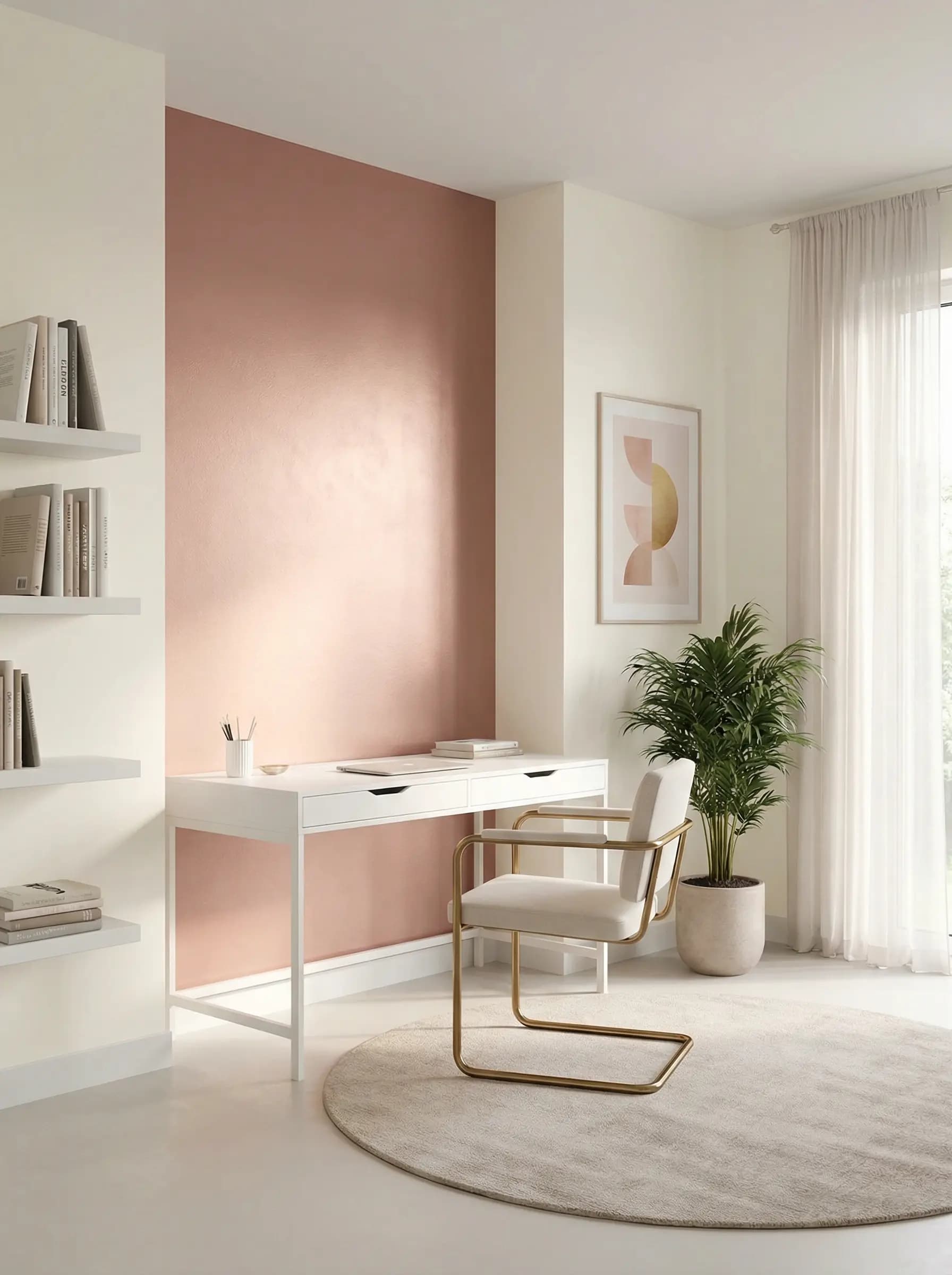 Chic home office painted with rose gold accents and a blush undertone