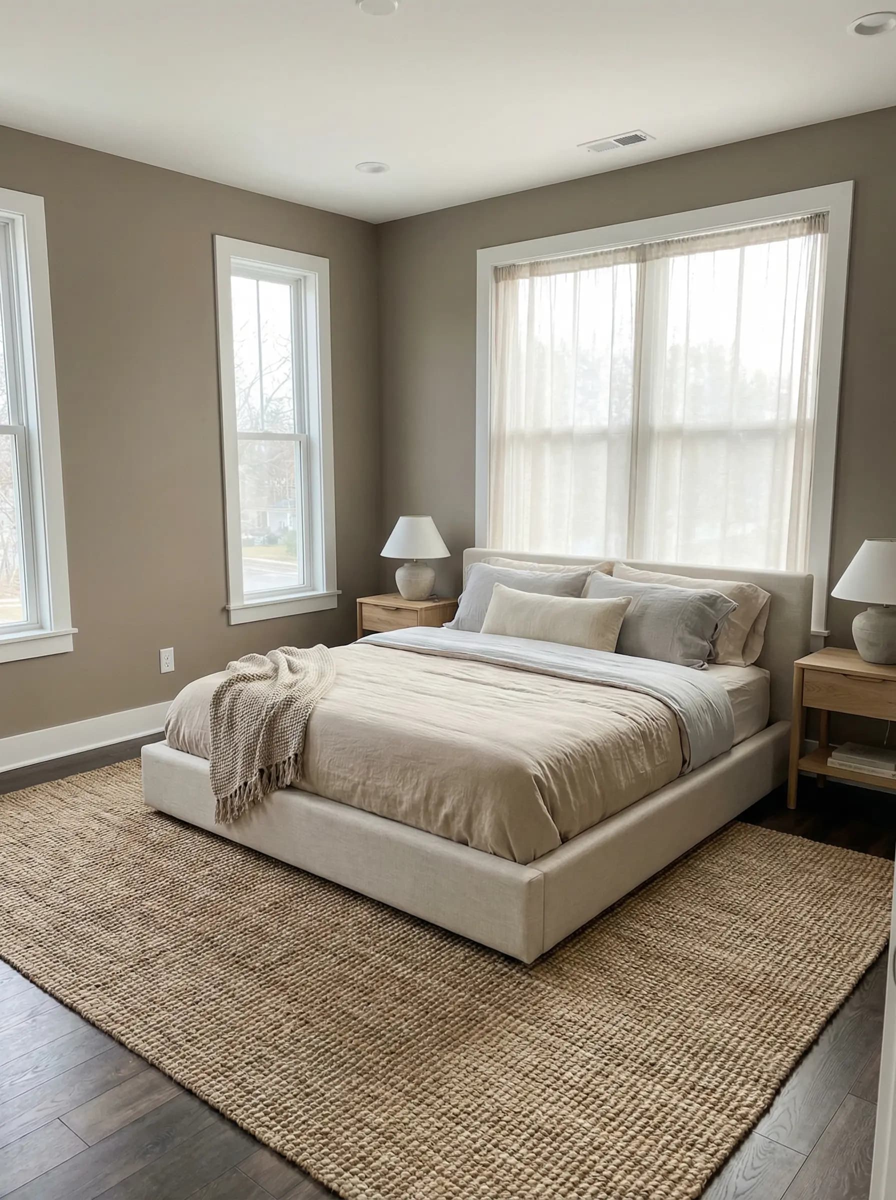 Elegant bedroom finished in a warm taupe with plush textured bedding