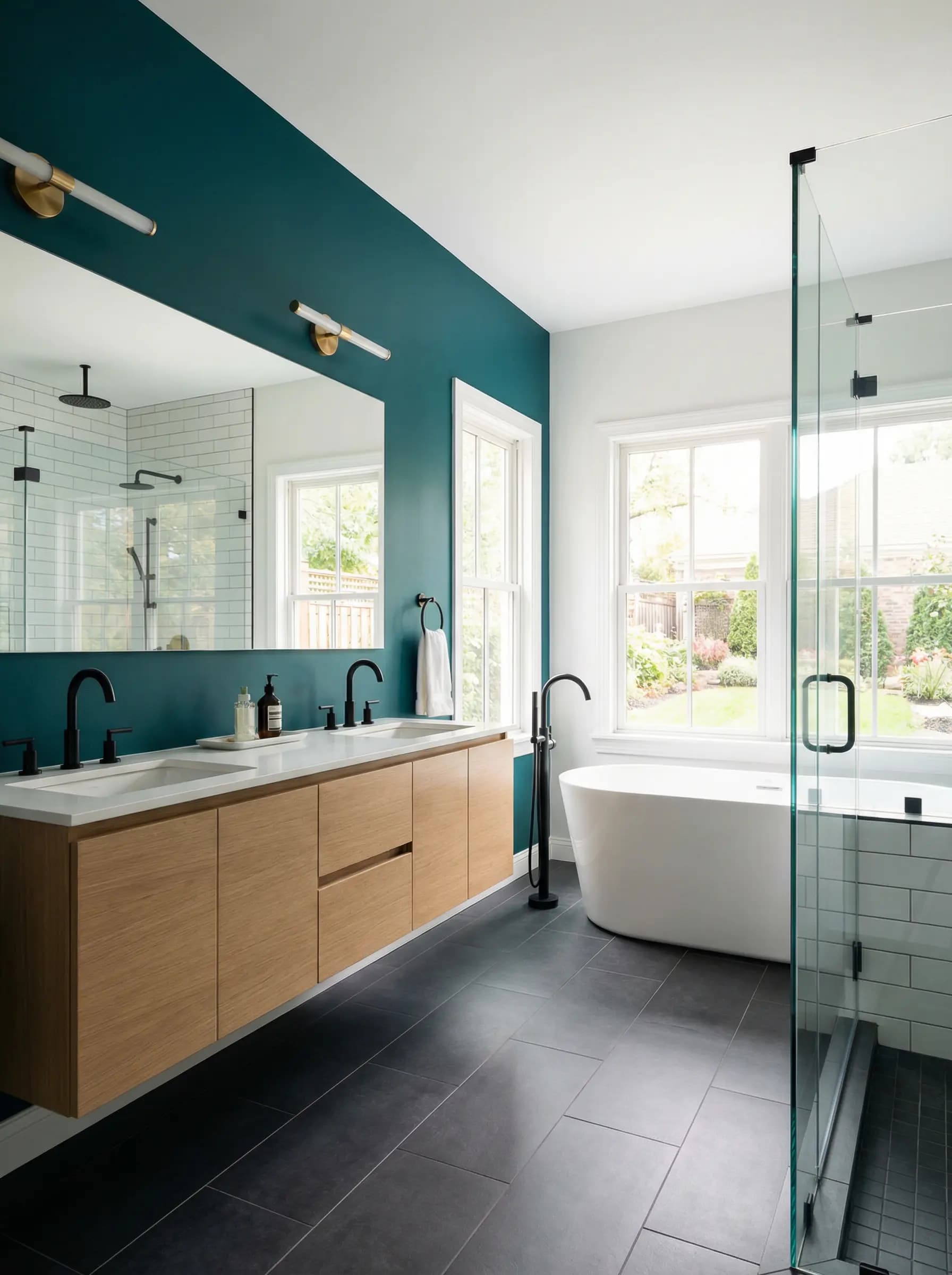 Refreshing bathroom painted in a vibrant teal with clean white tile accents