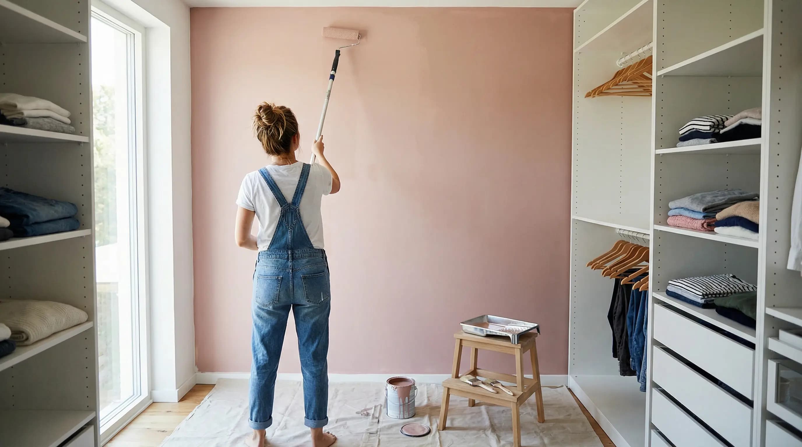 Modern Coats painter carefully working on a soft pink interior wall